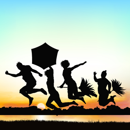 Happy girls are jumping, on silhouette art.のイラスト素材