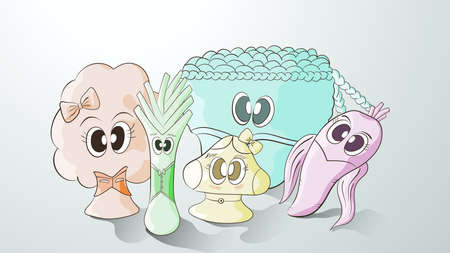 Vector design vegetable shabu collections such as broccoli, spring onions, mushrooms, turnips and carrots.のイラスト素材
