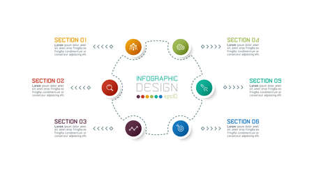 Modern circle vector design has 6 section can use with explain to work process, business, marketing and education, infographic design.のイラスト素材