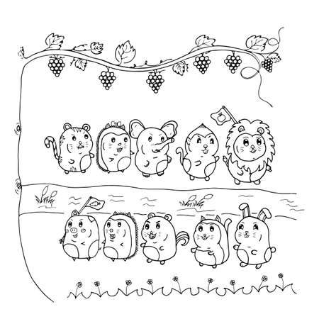 Doodle lines of animal friends journey fun of adventure. vector illustration.のイラスト素材