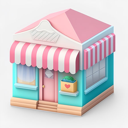 3d shop building with pink and blue striped roof on a white background.の写真素材