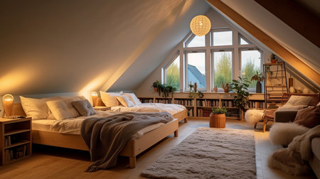 Attic room of a beautiful bright modern style house. AI Generated.の素材