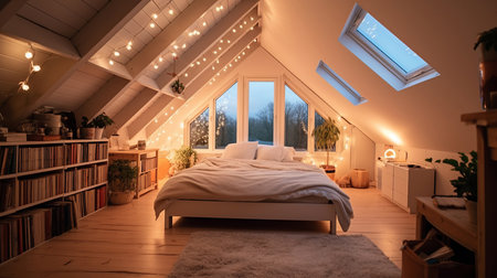 Attic room of a beautiful bright modern style house. AI Generated.の素材