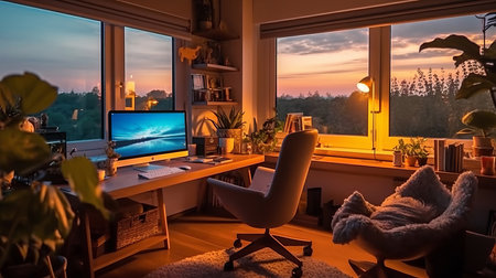 The Home Office of a beautiful bright modern style house. AI Generated.の素材