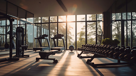The Gym room of a beautiful bright modern style house. AI Generated.の素材