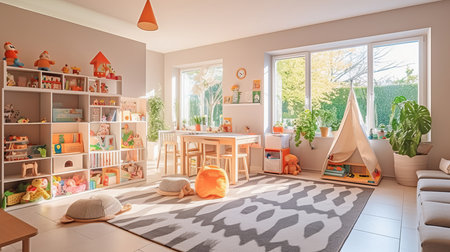 The Playroom of a beautiful bright modern style house. AI Generated.の素材