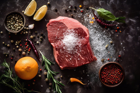 Close-up top view of ingredients Filet Mignon Steak on a table. AI Generated.の素材