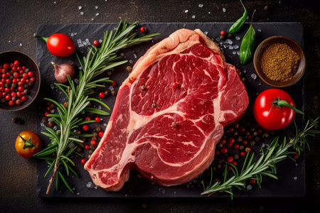 Close-up top view of ingredients T-bone Steak on a table. AI Generated.の素材