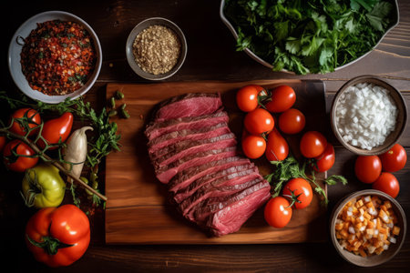 Close-up top view of ingredients Skirt Steak on a table. AI Generated.の素材