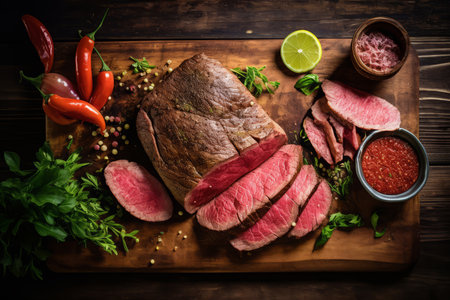 Close-up top view of ingredients Tri-Tip Steak on a table. AI Generated.の素材