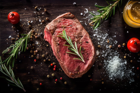 Close-up top view of ingredients Tenderloin Steak on a table. AI Generated.の素材