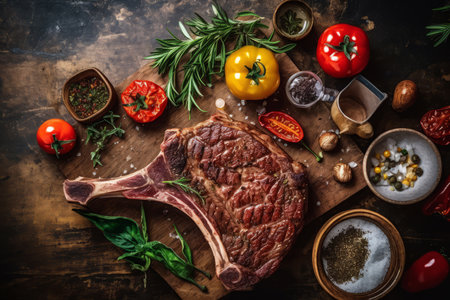 Close-up top view of ingredients Tomahawk Steak on a table. AI Generated.の素材