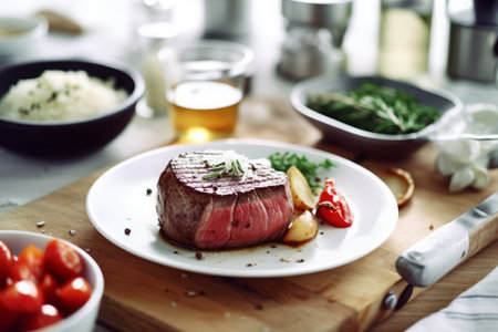 Close-up top view of ingredients Filet Mignon Steak on a table. AI Generated.の素材
