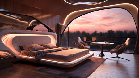 Bedroom of a beautiful futuristic design. AI Generated.の素材