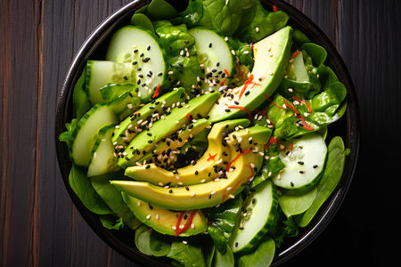 Close-up top view of ingredients Avocado Salad, Japanese food. AI Generated.の素材