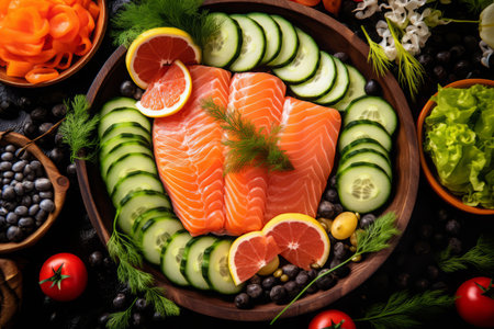 Close-up top view of ingredients Sashimi SET, Salmon, Tuna, Japanese food. AI Generated.の素材