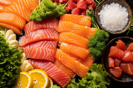 Close-up top view of ingredients Sashimi SET, Salmon, Tuna, Japanese food. AI Generated.の素材