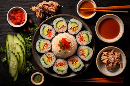 Close-up top view of ingredients sushi, Japanese food. AI Generated.の素材