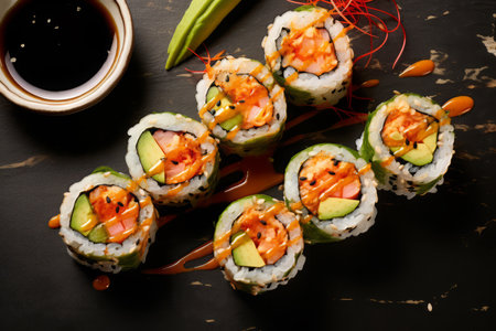 Close-up top view of ingredients sushi, Japanese food. AI Generated.の素材