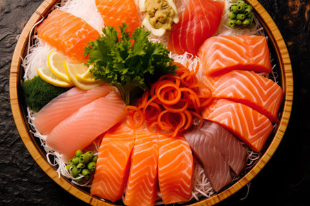 Close-up top view of ingredients Sashimi SET, Salmon, Tuna, Japanese food. AI Generated.の素材