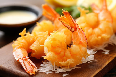 Close-up top view of ingredients Prawn Tempura, Japanese food. AI Generated.の素材