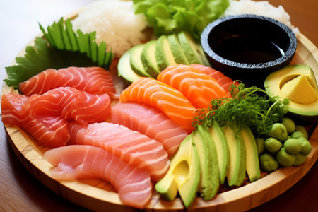 Close-up top view of ingredients Sashimi SET, Salmon, Tuna, Japanese food. AI Generated.の素材