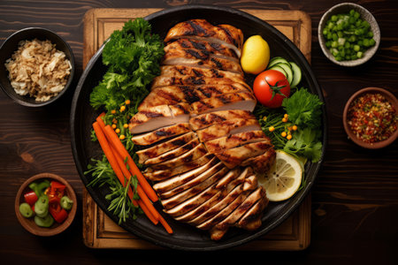 Close-up top view of ingredients Grilled Chicken, Salmon, Pork, Japanese food. AI Generated.の素材