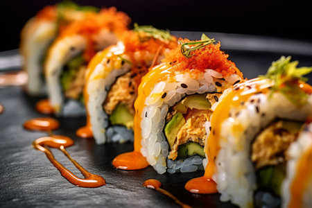 Close-up top view of ingredients sushi, Japanese food. AI Generated.の素材