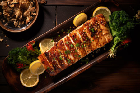 Close-up top view of ingredients Grilled Chicken, Salmon, Pork, Japanese food. AI Generated.の素材