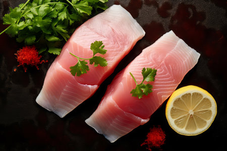 Close-up top view of ingredients Salmon, Japanese food. AI Generated.の素材