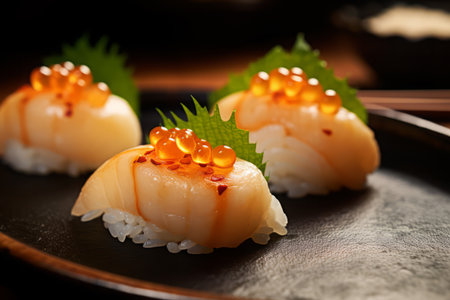 Close-up top view of ingredients Scallop, Japanese food. AI Generated.の素材