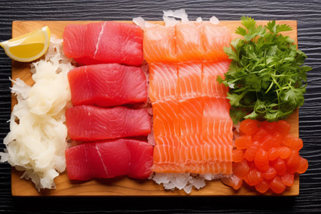 Close-up top view of ingredients Sashimi SET, Salmon, Tuna, Japanese food. AI Generated.の素材