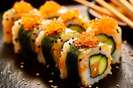 Close-up top view of ingredients sushi, Japanese food. AI Generated.の素材