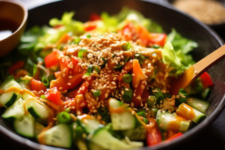Close-up top view of ingredients Masu Salad, Japanese food. AI Generated.の素材