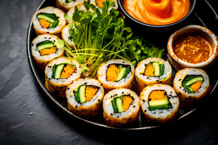 Close-up top view of ingredients sushi, Japanese food. AI Generated.の素材