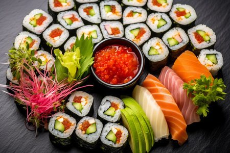 Close-up top view of ingredients sushi, Japanese food. AI Generated.の素材