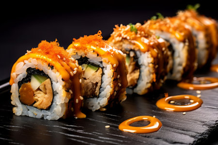 Close-up top view of ingredients sushi, Japanese food. AI Generated.の素材