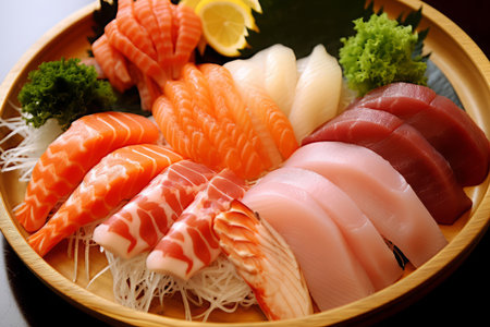 Close-up top view of ingredients Sashimi SET, Salmon, Tuna, Japanese food. AI Generated.の素材