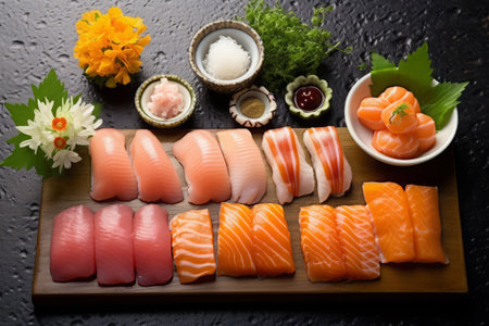 Close-up top view of ingredients Sashimi SET, Salmon, Tuna, Japanese food. AI Generated.の素材