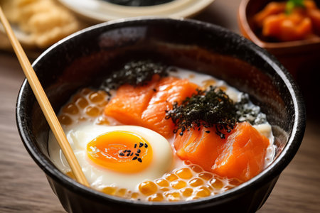 Close-up top view of ingredients Soup, Japanese food. AI Generated.の素材