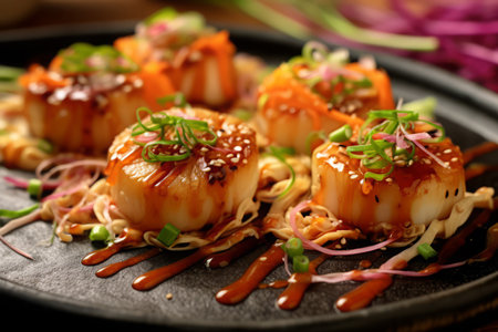 Close-up top view of ingredients Scallop, Japanese food. AI Generated.の素材