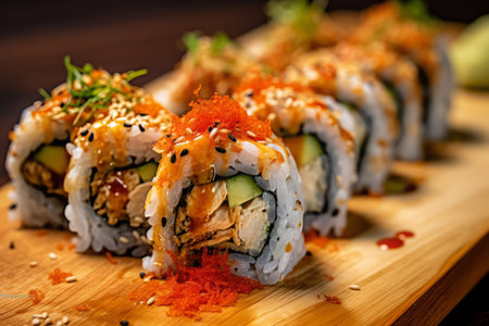 Close-up top view of ingredients sushi, Japanese food. AI Generated.の素材