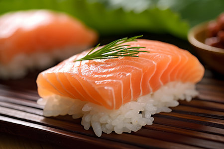 Sushi with salmon on the plate, Japanese food. AI Generated., Japanese food. AI Generated.の素材