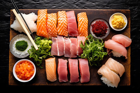 Close-up top view of ingredients Sashimi SET, Salmon, Tuna, Japanese food. AI Generated.の素材