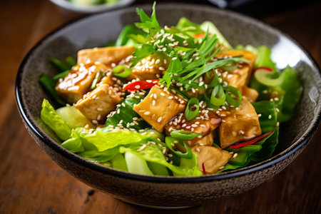 Close-up top view of ingredients Tofu Salad, Japanese food. AI Generated.の素材