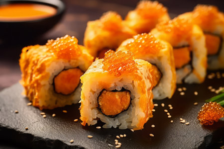 Close-up top view of ingredients sushi, Japanese food. AI Generated.の素材