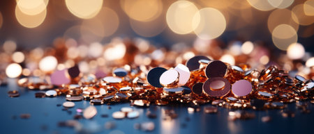 Golden confetti on a dark blue background with bokeh. Digital illustration of your design.の素材