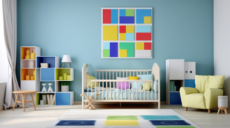 Children's room interior with blue wall and furniture.の素材
