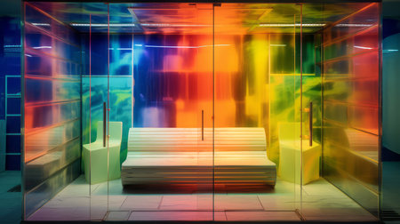 Interior of a modern office building in neon light.の素材