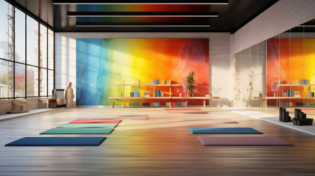 Interior of modern yoga studio with colorful wall and wooden floor.の素材